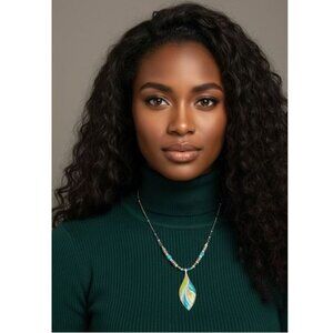 NECKLACE - green, blue and silver leaf pendant